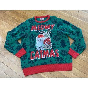 Cat Themed Ugly Christmas Sweater Green XL